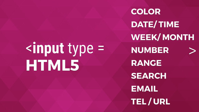 HTML5
COLOR
DATE/ TIME
WEEK/ MONTH
NUMBER
RANGE
SEARCH
EMAIL
TEL / URL
>
