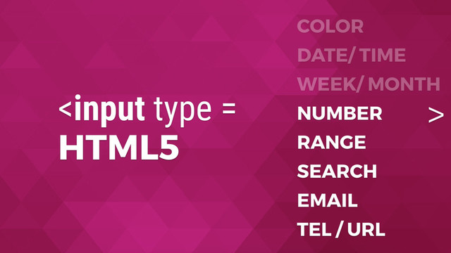HTML5
COLOR
DATE/ TIME
WEEK/ MONTH
NUMBER
RANGE
SEARCH
EMAIL
TEL / URL
>
