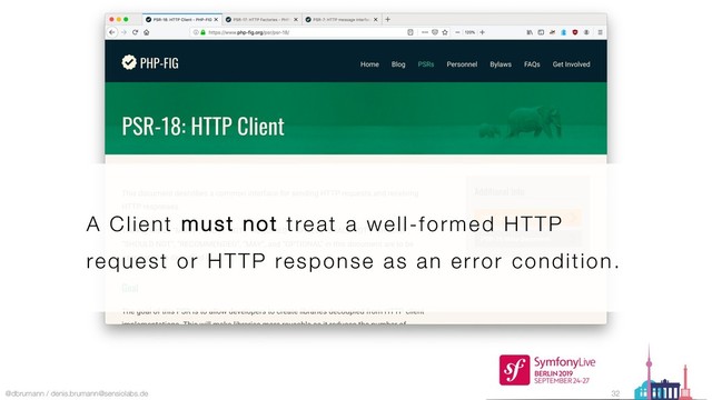 @dbrumann / denis.brumann@sensiolabs.de 32
A Client must not treat a well-formed HTTP
request or HTTP response as an error condition.
