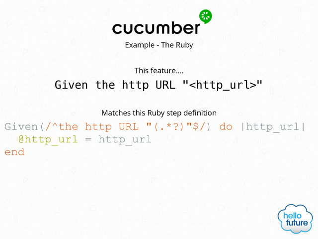 Example - The Ruby
Given the http URL ""
Given(/^the http URL "(.*?)"$/) do |http_url|
@http_url = http_url
end
This feature….
Matches this Ruby step deﬁnition
