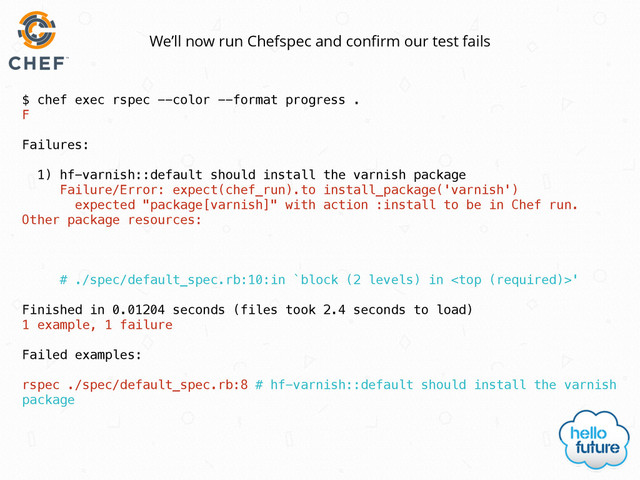 $ chef exec rspec --color --format progress .
F
Failures:
1) hf-varnish::default should install the varnish package
Failure/Error: expect(chef_run).to install_package('varnish')
expected "package[varnish]" with action :install to be in Chef run.
Other package resources:
# ./spec/default_spec.rb:10:in `block (2 levels) in '
Finished in 0.01204 seconds (files took 2.4 seconds to load)
1 example, 1 failure
Failed examples:
rspec ./spec/default_spec.rb:8 # hf-varnish::default should install the varnish
package
We’ll now run Chefspec and conﬁrm our test fails
