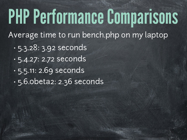 PHP Performance Comparisons
Average time to run bench.php on my laptop
• 5.3.28: 3.92 seconds
• 5.4.27: 2.72 seconds
• 5.5.11: 2.69 seconds
• 5.6.0beta2: 2.36 seconds
