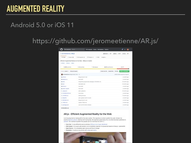 AUGMENTED REALITY
Android 5.0 or iOS 11
https://github.com/jeromeetienne/AR.js/
