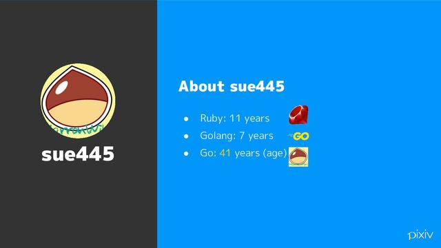 5
About sue445
● Ruby: 11 years
● Golang: 7 years
● Go: 41 years (age)
sue445

