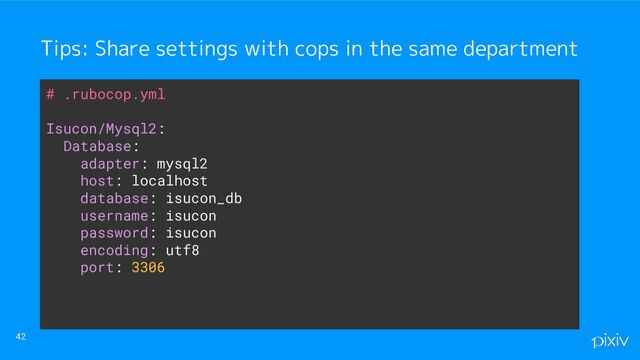 42
Tips: Share settings with cops in the same department
# .rubocop.yml
Isucon/Mysql2:
Database:
adapter: mysql2
host: localhost
database: isucon_db
username: isucon
password: isucon
encoding: utf8
port: 3306

