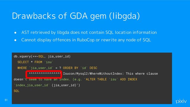 ● AST retrieved by libgda does not contain SQL location information
● Cannot display offences in RuboCop or rewrite any node of SQL
51
Drawbacks of GDA gem (libgda)
db.xquery(<<~SQL, jia_user_id)
SELECT * FROM `isu`
WHERE `jia_user_id` = ? ORDER BY `id` DESC
^^^^^^^^^^^^^^^^^ Isucon/Mysql2/WhereWithoutIndex: This where clause
doesn't seem to have an index. (e.g. 'ALTER TABLE `isu` ADD INDEX
`index_jia_user_id` (jia_user_id)')
SQL
