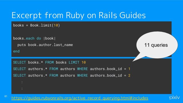 81 https://guides.rubyonrails.org/active_record_querying.html#includes
books = Book.limit(10)
books.each do |book|
puts book.author.last_name
end
Excerpt from Ruby on Rails Guides
SELECT books.* FROM books LIMIT 10
SELECT authors.* FROM authors WHERE authors.book_id = 1
SELECT authors.* FROM authors WHERE authors.book_id = 2
　　：
　　：
11 queries
