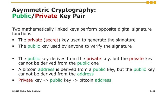Asymmetric Cryptography:
Public/Private Key Pair
Two mathematically linked keys perform opposite digital signature
functions:
▪ The private (secret) key used to generate the signature
▪ The public key used by anyone to verify the signature
▪ The public key derives from the private key, but the private key
cannot be derived from the public one
▪ A bitcoin address is derived from a public key, but the public key
cannot be derived from the address
▪ Private key -> public key -> bitcoin address
© 2019 Digital Gold Institute 5/55
