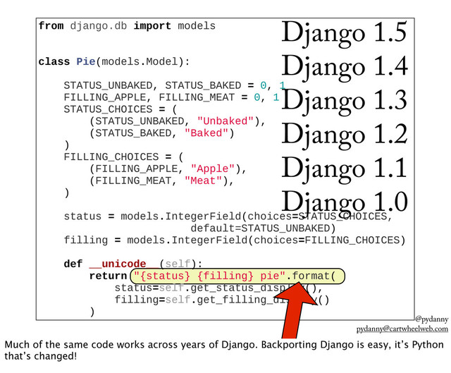 @pydanny
pydanny@cartwheelweb.com
from  django.db  import  models
  
  
class  Pie(models.Model):
  
        STATUS_UNBAKED,  STATUS_BAKED  =  0,  1
        FILLING_APPLE,  FILLING_MEAT  =  0,  1
        STATUS_CHOICES  =  (
                (STATUS_UNBAKED,  "Unbaked"),
                (STATUS_BAKED,  "Baked")
        )
        FILLING_CHOICES  =  (
                (FILLING_APPLE,  "Apple"),
                (FILLING_MEAT,  "Meat"),
        )
  
        status  =  models.IntegerField(choices=STATUS_CHOICES,  
                                                default=STATUS_UNBAKED)
        filling  =  models.IntegerField(choices=FILLING_CHOICES)
  
        def  __unicode__(self):
                return  "{status}  {filling}  pie".format(
                        status=self.get_status_display(),
                        filling=self.get_filling_display()
                )
Django 1.5
Django 1.4
Django 1.3
Django 1.2
Django 1.1
Django 1.0
Much of the same code works across years of Django. Backporting Django is easy, it’s Python
that’s changed!
