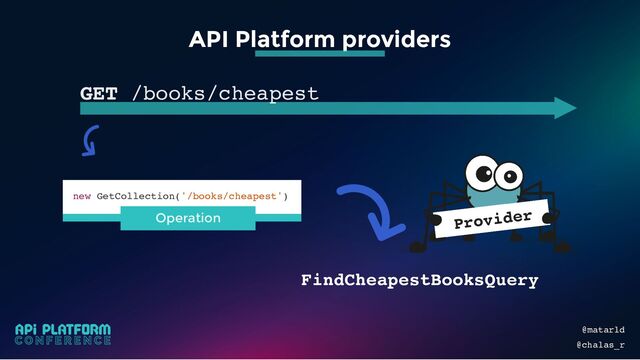 new GetCollection('/books/cheapest')
Operation
@matarld
@chalas_r
GET /books/cheapest
API Platform providers
FindCheapestBooksQuery
Provider
