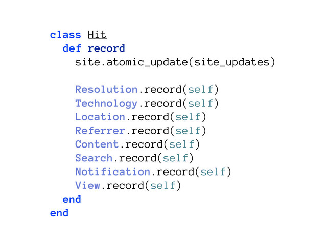 class Hit
def record
site.atomic_update(site_updates)
Resolution.record(self)
Technology.record(self)
Location.record(self)
Referrer.record(self)
Content.record(self)
Search.record(self)
Notification.record(self)
View.record(self)
end
end
