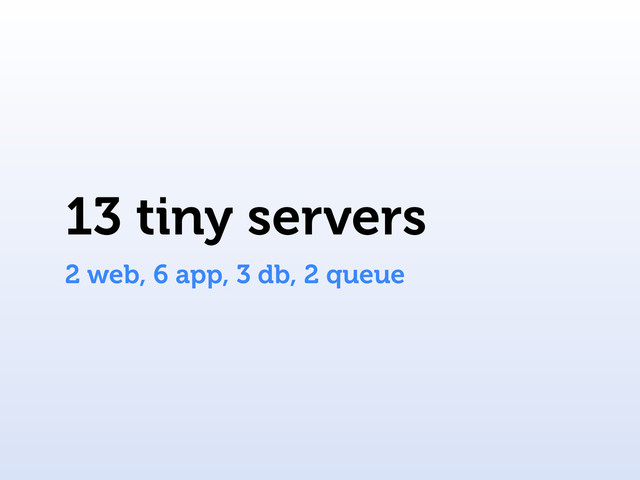 13 tiny servers
2 web, 6 app, 3 db, 2 queue
