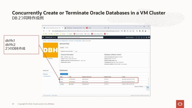 DB 2つ同時作成例
Concurrently Create or Terminate Oracle Databases in a VM Cluster
Copyright © 2022, Oracle and/or its affiliates
69
db19c1
db19c2
2つのDBを作成
