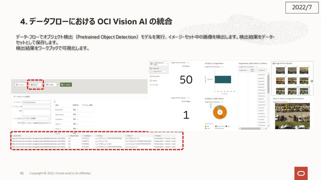 85
4. データフローにおける OCI Vision AI の統合
データ・フローでオブジェクト検出（Pretrained Object Detection）モデルを実⾏、イメージ・セット中の画像を検出します。検出結果をデータ・
セットとして保存します。
検出結果をワークブックで可視化します。
2022/7
Copyright © 2022, Oracle and/or its affiliates
