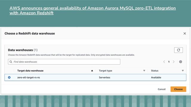 AWS announces general availability of Amazon Aurora MySQL zero-ETL integration
with Amazon Redshift
