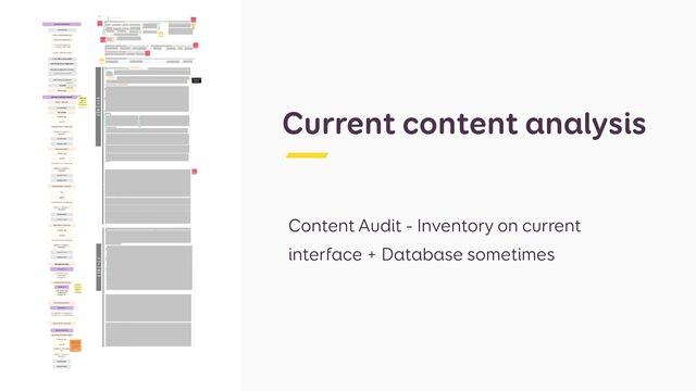 Current content analysis
Content Audit - Inventory on current
interface + Database sometimes
