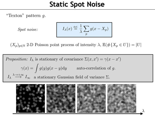 Static Spot Noise
“Texton” pattern
g
.
(
Xp)p2N
2-D Poisson point process of intensity ,
E
(#
{Xp
2 U}
) =
|U|
I !+1
! I1
a stationary Gaussian ﬁeld of variance ⌃.
Spot noise:
EORY AND SYNTHESIS 3
rithms
SN for
I
(
x
) def.
=
1 X
p
g
(
x Xp)
(
x
) =
Z
g
(
y
)
g
(
x y
)d
y auto-correlation of
g
.
Proposition: I is stationary of covariance ⌃(x, x
0
) = (x x
0
)
