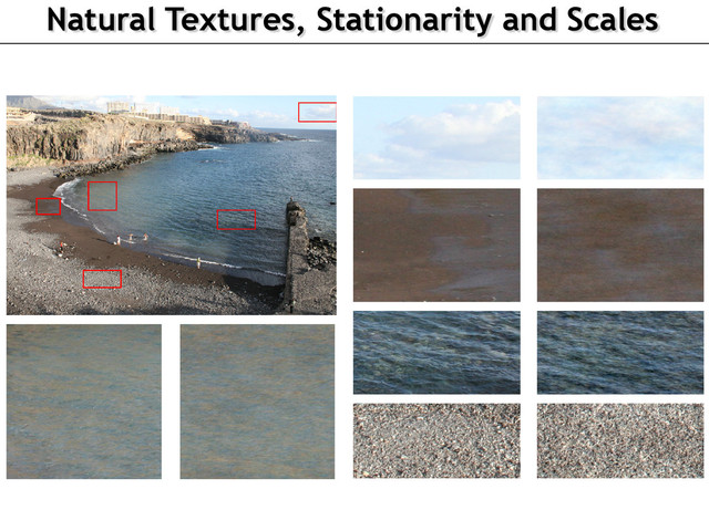 Natural Textures, Stationarity and Scales
IEEE TRANSACTIONS ON IMAGE PROCESSING
g. 1. Some examples of micro-textures taken from a single image (water with sand, clouds, sand, waves with water ground, pebbles). The emplacements
the original textures are displayed with red rectangles. Each micro-texture is displayed together with an outcome of the RPN algorithm to its right. These
icro-textures are reasonably well emulated by RPN. Homogeneous regions that have lost their geometric details due to distance are often well simulated by
