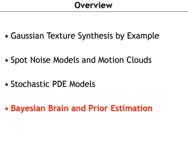 Overview
• Gaussian Texture Synthesis by Example
• Spot Noise Models and Motion Clouds
• Stochastic PDE Models
• Bayesian Brain and Prior Estimation
