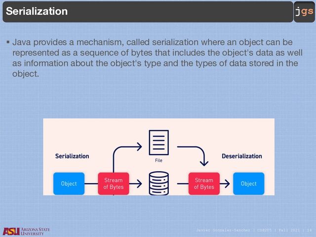 Javier Gonzalez-Sanchez | CSE205 | Fall 2021 | 14
jgs
Serialization
§ Java provides a mechanism, called serialization where an object can be
represented as a sequence of bytes that includes the object's data as well
as information about the object's type and the types of data stored in the
object.
