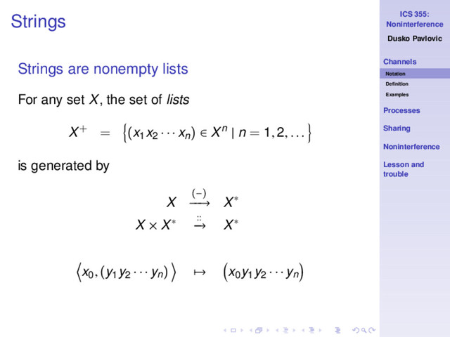 ICS 355:
Noninterference
Dusko Pavlovic
Channels
Notation
Deﬁnition
Examples
Processes
Sharing
Noninterference
Lesson and
trouble
Strings
Strings are nonempty lists
For any set X, the set of lists
X+ = (x1x2 · · · xn) ∈ Xn | n = 1, 2, . . .
is generated by
X
(−)
−
−
→ X∗
X × X∗ ::
−
→ X∗
x0
, (y1y2 · · · yn
) → x0y1y2 · · · yn
