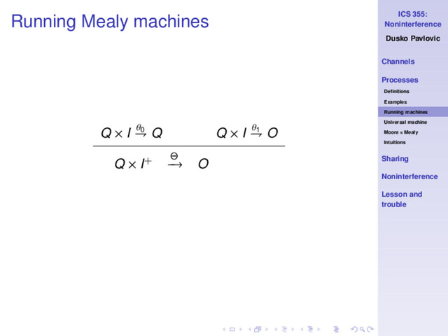 ICS 355:
Noninterference
Dusko Pavlovic
Channels
Processes
Deﬁnitions
Examples
Running machines
Universal machine
Moore = Mealy
Intuitions
Sharing
Noninterference
Lesson and
trouble
Running Mealy machines
Q × I θ0
⇁ Q Q × I θ1
⇁ O
Q × I+ Θ
−
→ O

