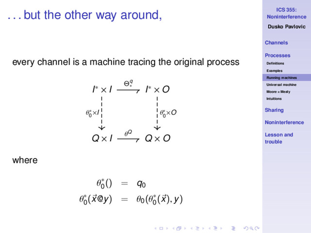 ICS 355:
Noninterference
Dusko Pavlovic
Channels
Processes
Deﬁnitions
Examples
Running machines
Universal machine
Moore = Mealy
Intuitions
Sharing
Noninterference
Lesson and
trouble
. . . but the other way around,
every channel is a machine tracing the original process
I∗ × I I∗ × O
Q × I Q × O
Θq
∗
θ∗
0
×I θ∗
0
×O
θQ
where
θ∗
0
() = q0
θ∗
0
(x@y) = θ0
(θ∗
0
(x), y)
