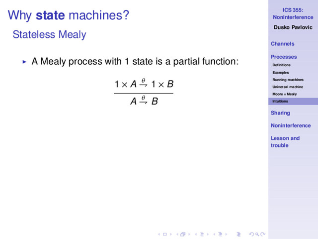 ICS 355:
Noninterference
Dusko Pavlovic
Channels
Processes
Deﬁnitions
Examples
Running machines
Universal machine
Moore = Mealy
Intuitions
Sharing
Noninterference
Lesson and
trouble
Why state machines?
Stateless Mealy
◮ A Mealy process with 1 state is a partial function:
1 × A θ
⇁ 1 × B
A θ
⇁ B
