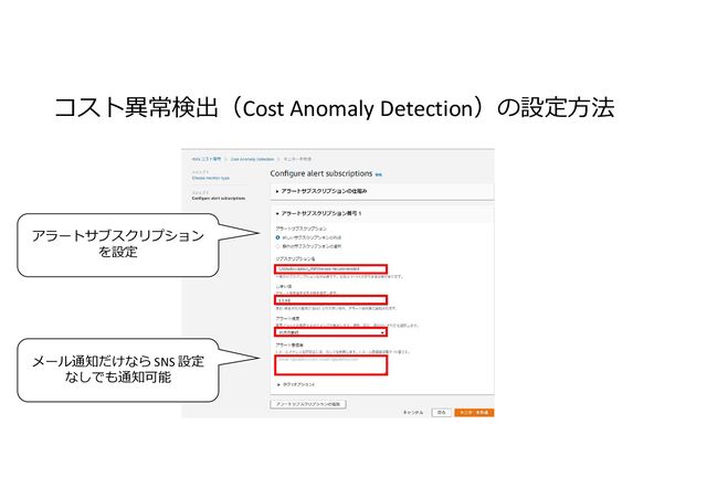 コスト異常検出（Cost Anomaly Detection）の設定方法
アラートサブスクリプション
を設定
メール通知だけなら SNS 設定
なしでも通知可能
