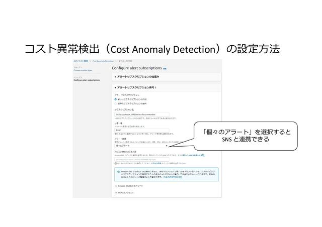 コスト異常検出（Cost Anomaly Detection）の設定方法
「個々のアラート」を選択すると
SNS と連携できる
