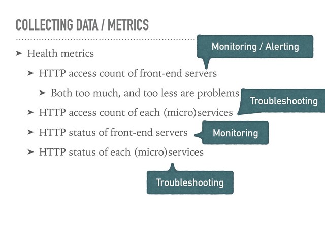 COLLECTING DATA / METRICS
➤ Health metrics
➤ HTTP access count of front-end servers
➤ Both too much, and too less are problems
➤ HTTP access count of each (micro)services
➤ HTTP status of front-end servers
➤ HTTP status of each (micro)services
Monitoring / Alerting
Monitoring
Troubleshooting
Troubleshooting

