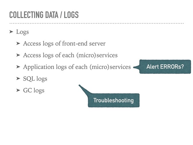 COLLECTING DATA / LOGS
➤ Logs
➤ Access logs of front-end server
➤ Access logs of each (micro)services
➤ Application logs of each (micro)services
➤ SQL logs
➤ GC logs
Troubleshooting
Alert ERRORs?

