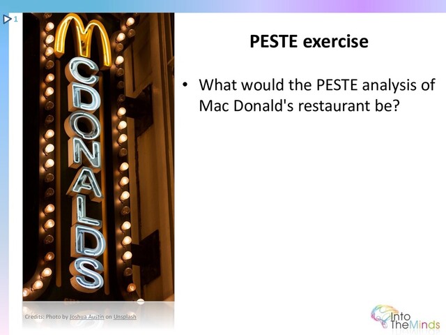 • What would the PESTE analysis of
Mac Donald's restaurant be?
PESTE exercise
1
Credits: Photo by Joshua Austin on Unsplash
