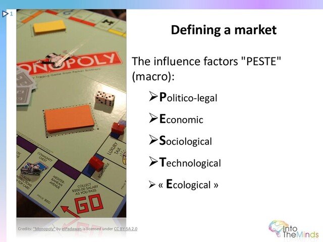 The influence factors "PESTE"
(macro):
➢Politico-legal
➢Economic
➢Sociological
➢Technological
➢« Ecological »
Defining a market
1
Credits: "Monopoly" by elPadawan is licensed under CC BY-SA 2.0

