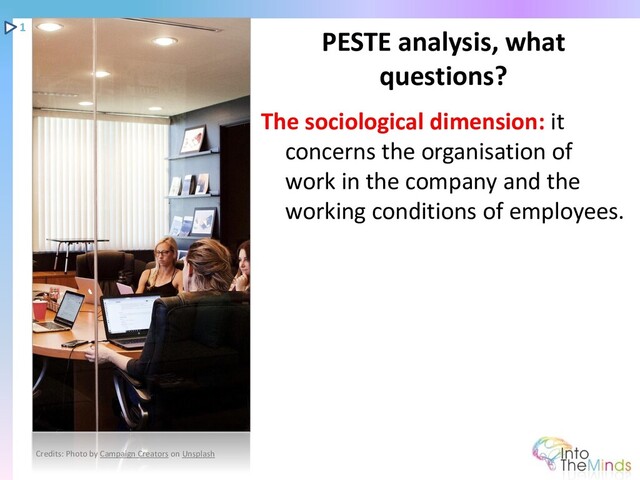The sociological dimension: it
concerns the organisation of
work in the company and the
working conditions of employees.
PESTE analysis, what
questions?
1
Credits: Photo by Campaign Creators on Unsplash
