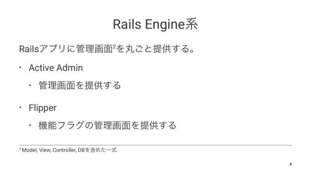 Rails Engineܥ
RailsΞϓϦʹ؅ཧը໘2Λؙ͝ͱఏڙ͢Δɻ
• Active Admin
• ؅ཧը໘Λఏڙ͢Δ
• Flipper
• ػೳϑϥάͷ؅ཧը໘Λఏڙ͢Δ
2 Model, View, Controller, DBΛؚΊͨҰࣜ
9
