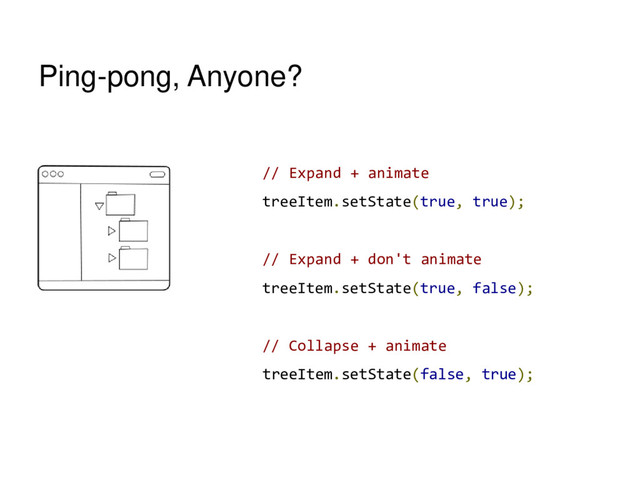 Ping-pong, Anyone?
// Expand + animate
treeItem.setState(true, true);
// Expand + don't animate
treeItem.setState(true, false);
// Collapse + animate
treeItem.setState(false, true);
