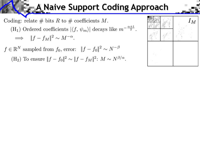 A Naive Support Coding Approach
Coding: relate # bits R to # coe cients M.
(H
1
) Ordered coe cients | f, m
⇥| decays like m +1
2
.
f RN sampled from f0
, error:
(H
2
) To ensure ||f f0
||2 ⇥ ||f fM
||2: M ⇥ N⇥/ .
||f f0
||2 ⇥ N
=⇤ ||f fM
||2 ⇥ M .
