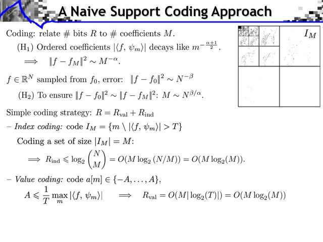A Naive Support Coding Approach
Simple coding strategy: R = Rval
+ Rind
= Rind
log
2
N
M
⇥
= O(M log
2
(N/M)) = O(M log
2
(M)).
= Rval
= O(M| log
2
(T)|) = O(M log
2
(M))
Coding: relate # bits R to # coe cients M.
(H
1
) Ordered coe cients | f, m
⇥| decays like m +1
2
.
f RN sampled from f0
, error:
(H
2
) To ensure ||f f0
||2 ⇥ ||f fM
||2: M ⇥ N⇥/ .
||f f0
||2 ⇥ N
=⇤ ||f fM
||2 ⇥ M .
