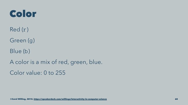 Color
Red (r)
Green (g)
Blue (b)
A color is a mix of red, green, blue.
Color value: 0 to 255
©Carol Willing, 2018. https://speakerdeck.com/willingc/interactivity-in-computer-science 60
