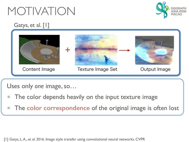 MOTIVATION
Gatys, et al. [1]

$POUFOU*NBHF 5FYUVSF*NBHF4FU 0VUQVU*NBHF
[1] Gatys, L. A., et al. 2016. Image style transfer using convolutional neural networks. CVPR
The color depends heavily on the input texture image
The color correspondence of the original image is often lost
Uses only one image, so…
