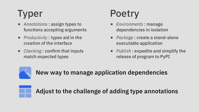 Typer
Annotations : assign types to
functions accepting arguments
Productivity : types aid in the
creation of the interface
Checking : confirm that inputs
match expected types
Poetry
Environments : manage
dependencies in isolation
Package : create a stand-alone
executable application
Publish : expedite and simplify the
release of program to PyPI
New way to manage application dependencies
Adjust to the challenge of adding type annotations
