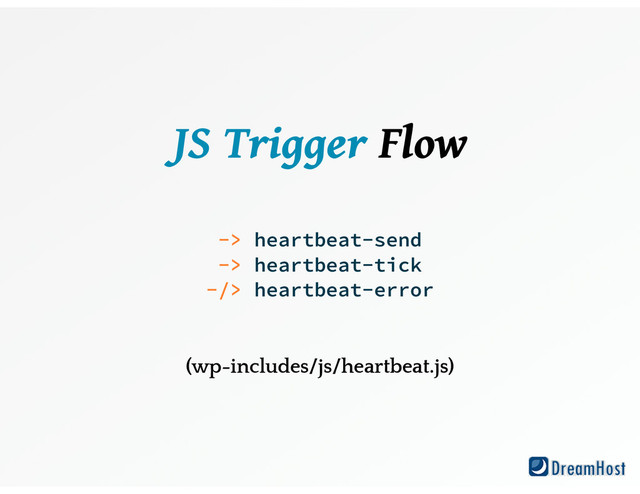 JS Trigger Flow
!
!
-> heartbeat-send
-> heartbeat-tick
-/> heartbeat-error
!
!
(wp-includes/js/heartbeat.js)
