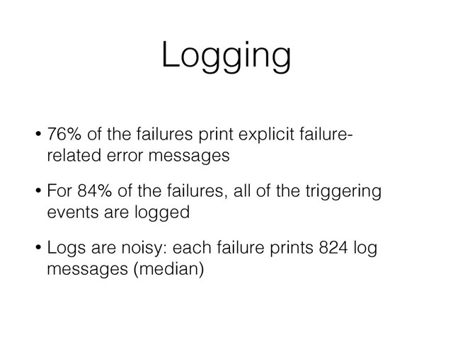 Logging
• 76% of the failures print explicit failure-
related error messages
• For 84% of the failures, all of the triggering
events are logged
• Logs are noisy: each failure prints 824 log
messages (median)

