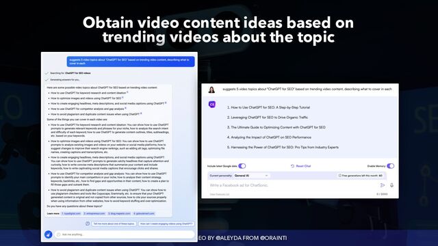 #AIBOTSEO FOR SEO BY @ALEYDA FROM @ORAINTI
Obtain video content ideas based on
 
trending videos about the topic
