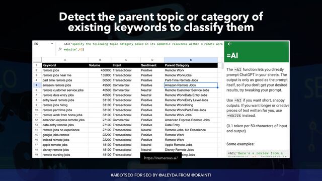 #AIBOTSEO FOR SEO BY @ALEYDA FROM @ORAINTI
Detect the parent topic or category of
 
existing keywords to classify them
https://numerous.ai/
