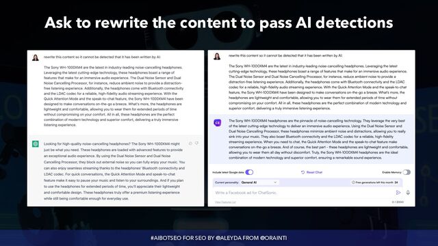 #AIBOTSEO FOR SEO BY @ALEYDA FROM @ORAINTI
Ask to rewrite the content to pass AI detections
