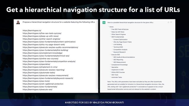 #AIBOTSEO FOR SEO BY @ALEYDA FROM @ORAINTI
Get a hierarchical navigation structure for a list of URLs
