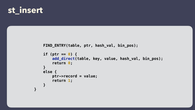 st_insert
FIND_ENTRY(table, ptr, hash_val, bin_pos);
if (ptr == 0) {
add_direct(table, key, value, hash_val, bin_pos);
return 0;
}
else {
ptr->record = value;
return 1;
}
}
