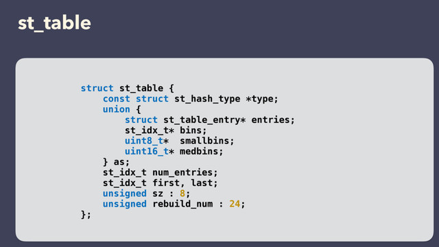 st_table
struct st_table {
const struct st_hash_type *type;
union {
struct st_table_entry* entries;
st_idx_t* bins;
uint8_t* smallbins;
uint16_t* medbins;
} as;
st_idx_t num_entries;
st_idx_t first, last;
unsigned sz : 8;
unsigned rebuild_num : 24;
};
